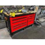CRAFTSMAN TOOLBOX W/ BENCH GRINDER, WILTON VISE, COMBINATION WRENCHES, GREASE GUN, AIR HOSE, & SOCKE
