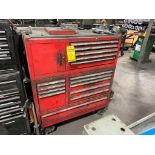 KENNEDY TOOLBOX W/ V-BLOCKS, LEVEL, ASSORTED TOOLS, & PLATFORM CART
