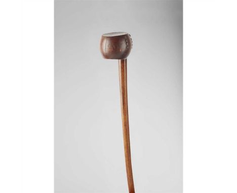 ZULU KNOBKERRY SOUTH AFRICA, LATE 19TH CENTURY carved wood and iron studs, long shaft with offset ballhead and two opposing p