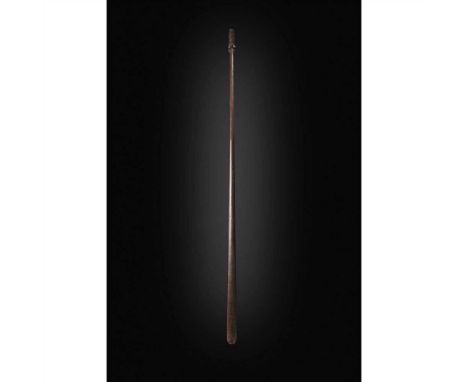 MAORI STAFF CLUB, TAIAHA NEW ZEALAND carved wood and mother of pearl, carved wood, long tapering shaft terminating in carved 