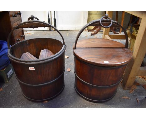 A large pair of Japanese coopered buckets and covers, height including ring loop 64cm.&nbsp; 