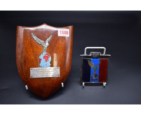 A vintage Royal 'Air Forces Association' chrome and enamel badge,&nbsp;in teak mount, possibly a propeller section, with pres