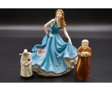 A Royal Doulton figure of 'Pamela',&nbsp;HN5407; together with two Royal Worcester candle snuffer figures, comprising: 'The M