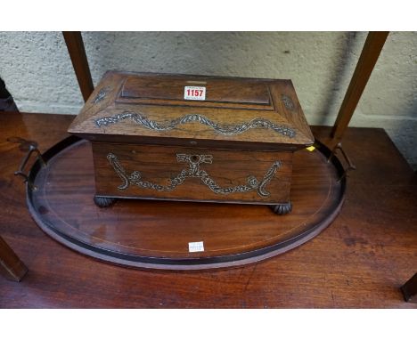 A Victorian rosewood and mother-of-pearl sarcophagus tea caddy, 34.5cm wide; together with an Edwardian mahogany and inlaid o