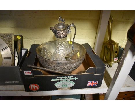 An Eastern silver plated punch bowl and similar ladle; together with three metal trinket boxes; and an electroplate mounted c