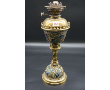 A Victorian Doulton Lambeth and brass oil lamp,&nbsp;47cm high, (no shade).&nbsp;&nbsp; 