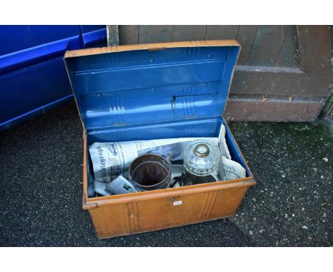 An old tin trunk; together with an old oil lamp and a copper vase. 