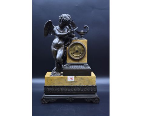 A 19th century Sienna marble and bronze mantel clock,&nbsp;43.5cm high, with winding key. 