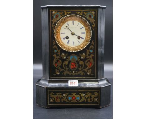 A 19th century French ebonized and Boulle mantel clock, the enamel dial inscribed 'Valery a Paris', 33.5cm high, with pendulu
