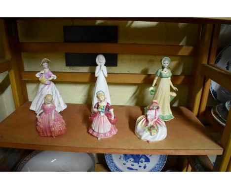 Four Royal Doulton figures; together with a Royal Worcester figure; and a Coalport figure. (6) 