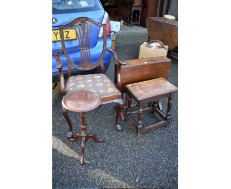 An antique mahogany dining chair; together with a reproduction joint stool, a tripod wine table; and a Sutherland table. 