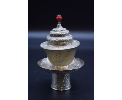 A Sino-Tibetan silver and jade butter teaset,&nbsp;17cm high.&nbsp; 