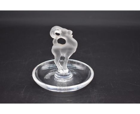 A Lalique 'Ram' clear and frosted glass ring dish,&nbsp;8.5cm high.&nbsp; 