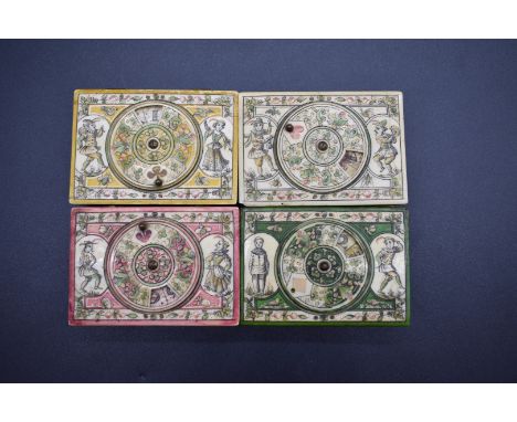 A rare set of four Louis XV stained ivory gaming boxes,&nbsp;by Mariaval Le Jeune, Paris, each enclosing various playing coun