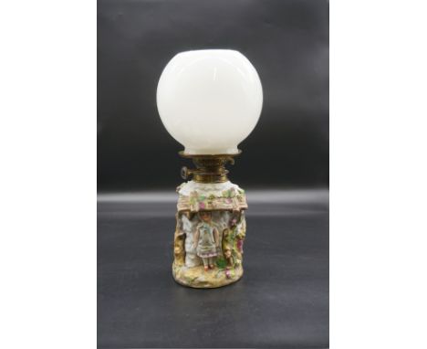 A Continental porcelain oil lamp, with opaque white glass shade, height including shade 40cm.&nbsp; 