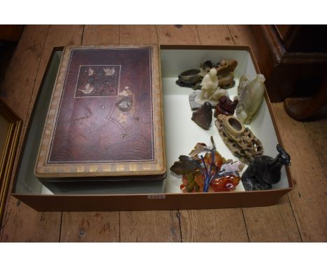A collection of Chinese soapstone figures and carvings; together with a sage green jade bird, 18cm high; and a faux grained l