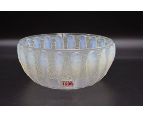 An R Lalique 'Perruches' pattern opalescent glass bowl,&nbsp;25cm diameter, (a.f.). 