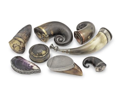 Seven pocket snuff mulls, 19th/20th century, ScottishOne of shell, another of hoof and the remainder of horn, and mounted wit