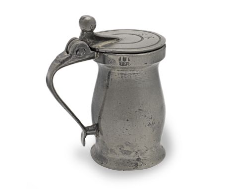 A rare George I pewter OEWS half-gill ball and wedge baluster measure, circa 1720Of typical form, with plain body, the handle