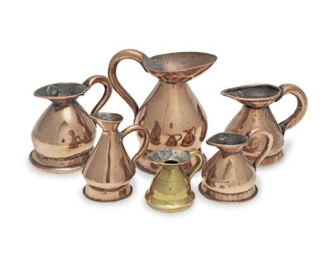 Five copper and one brass 19th century measures, one marked for Co. TipperaryThe first of haystack form, 'STC' to the rim, 8.