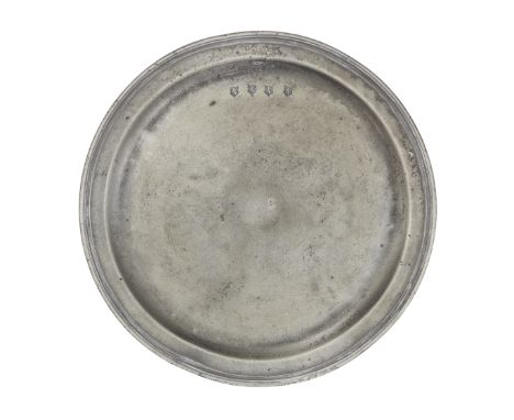 A William &amp; Mary pewter narrow rim plate, circa 1690The flat rim with cast reeding, four lion rampant hallmarks to well a