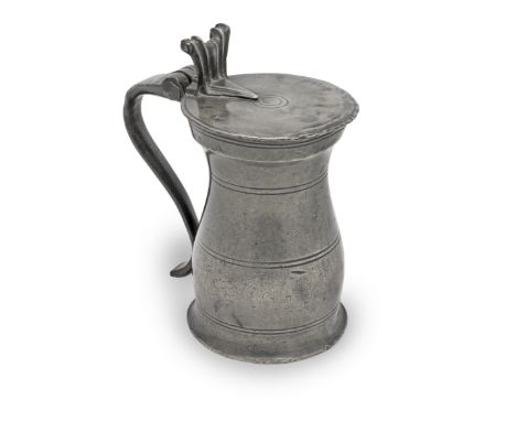 A rare George I pewter pint spray baluster measure, Wigan, circa 1720The low-belly body with three pairs of incised lines and