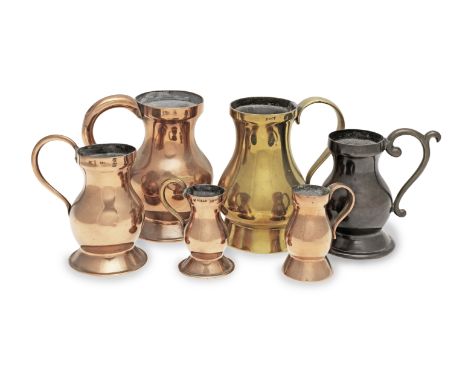 Five copper and one brass 19th century measures, three marked for Leith, ScotlandThe first of baluster form and marked 'TWO G