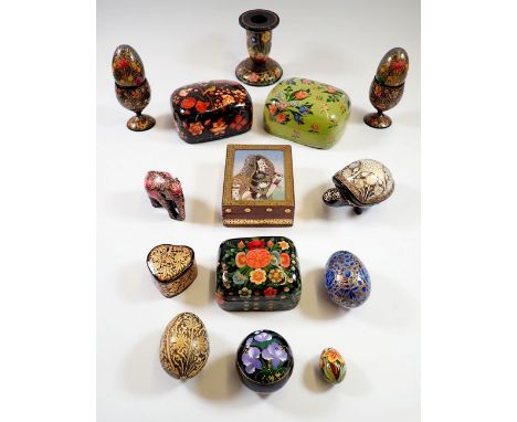A group of Kashmiri painted trinket boxes and eggs plus crushed gemstone trinket box featuring Bani Thani 
