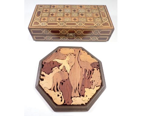 A marquetry backgammon game plus a wooden animal puzzle 