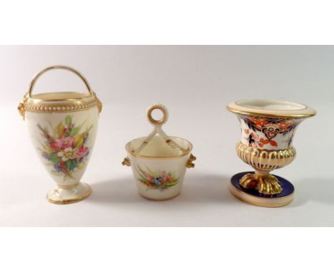 Two Royal Worcester trinket pots and a Royal Crown Derby Imari vase, all a/f, tallest 12.5cm tall 