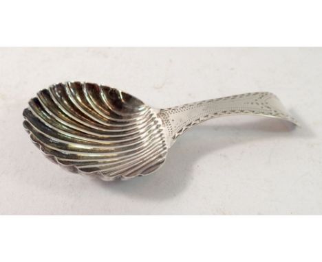 A bright cut engraved silver caddy spoon, London 1802 by Peter &amp; Ann Bateman 
