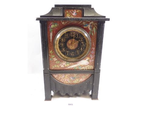 A 19th century Aesthetic Movement black slate mantel clock inset porcelain panels painted birds and foliage in cloisonne styl