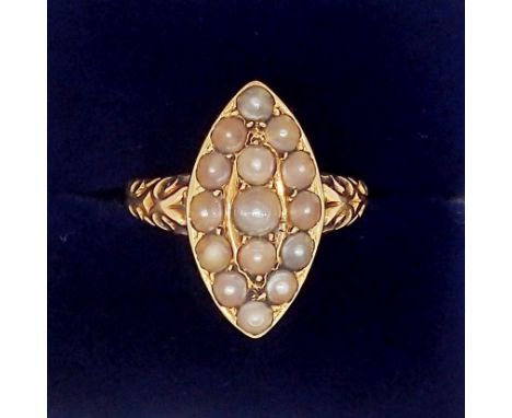 A Victorian gold mourning ring set marquise arrangement of seed pearls and inset hair locket to reverse, engraved to band 187