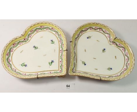 A pair of 19th century Spode heart form dishes painted sprigs of flowers in floral and yellow borders, 22cm wide 