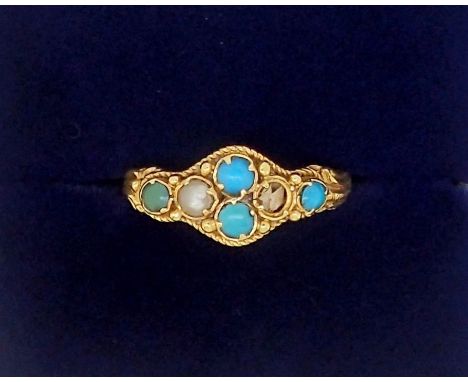 A Victorian gold ring set turquoise and seed pearl (one pearl deficient) size I, 1.5g 