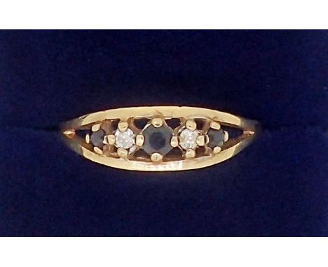 A 9 carat gold ring set three sapphires and two diamonds, size O-P, 1.7g 