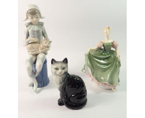 A Beswick cat, Doulton figure and Nao figure 