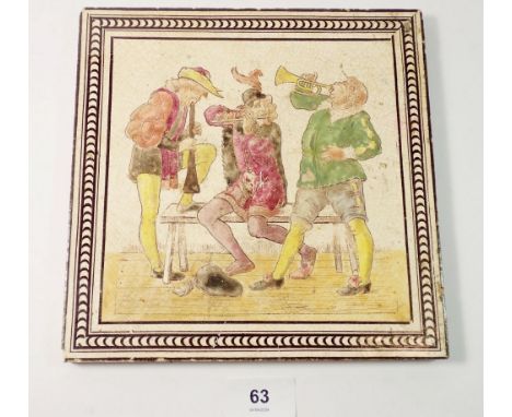 A Victorian tile printed musicians by E Smith and Co, Coalville, 20.5cm square 
