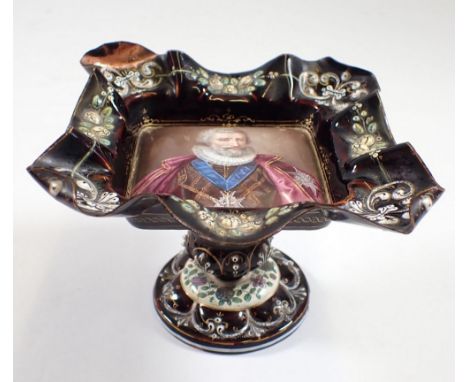 A 19th century Limoges enamel small tazza decorated portrait of 16th century gentlemen, wearing Order of the Holy Spirit meda