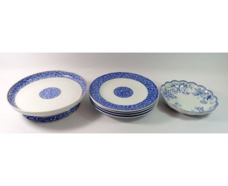 A Victorian Royal Worcester blue and white cake stand and four plates with floral reserve and borders and a Spode dish 