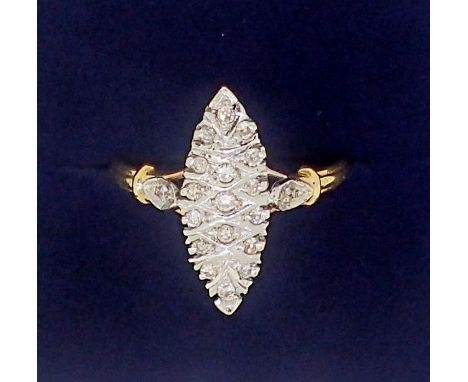 A French 18 carat gold ring of marquise form set small diamonds, 2.6g, size M 