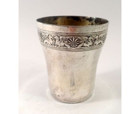 A French white metal beaker with griffin and leaf border, marked 9 &amp; C R Brille, 8cm, 84g 