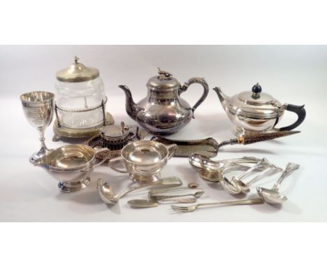 A Mappin &amp; Webb three piece tea set and various silver plated items including Elkington's trophy cup 1875 and mustard 