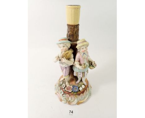 A Sitzendorf porcelain centrepiece stem group of two children, 25cm 