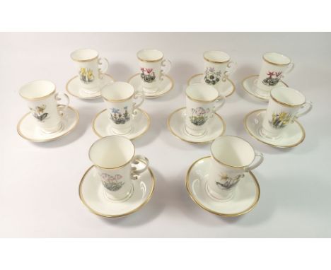 A set of ten Royal Worcester Irish Whisky cups and saucers printed flowers 