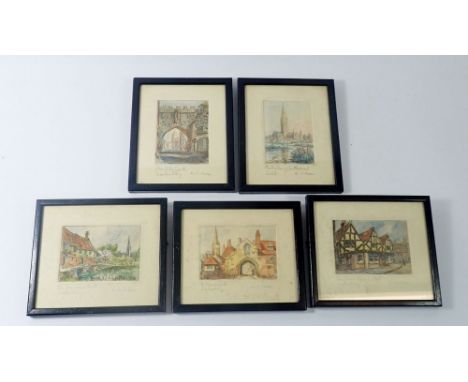 R C Bean - five small hand coloured etchings of Salisbury, 6 x 9cm 
