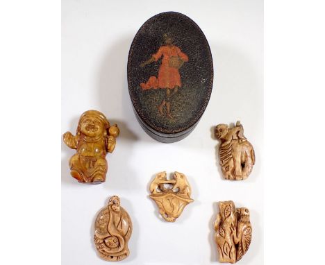 Five carved bone netsuke and an oval lacquer box decorated seed sower in red dress, 8 x 5.5cm 