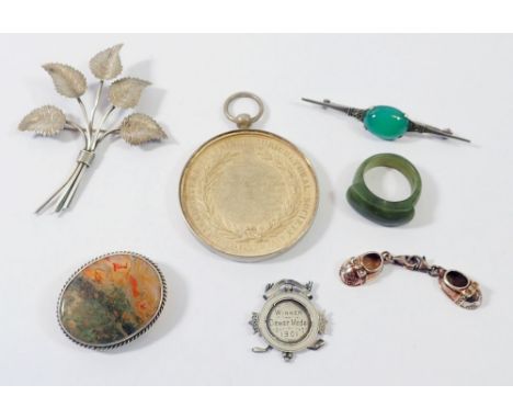 A group of silver jewellery including pair of baby shoe charms plus a stone ring and a white metal Victorian Manchester &amp;