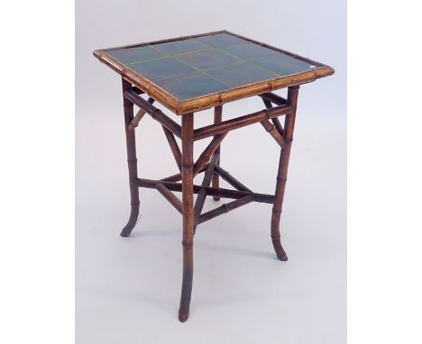 A vintage bamboo occasional table with green tile top, 50 x 50cm 