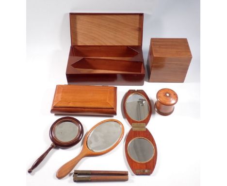 A group of treen including wooden tea caddy, tie box plus three wooden mirrors, nutcrackers etc. 